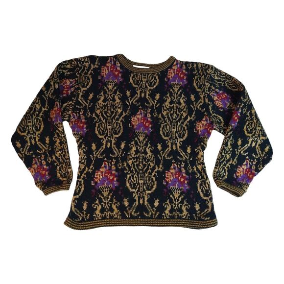 Anne Pinkerton M Vintage Floral Gold Lame Sweater – 90s Grannycore Glam - Picture 3 of 9